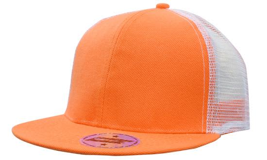 Premium American Twill with Mesh Back & Snap Back Pro Styling HE-4138 A cap in vibrant orange with a mesh back and snapback closure, featuring a round logo on the front.