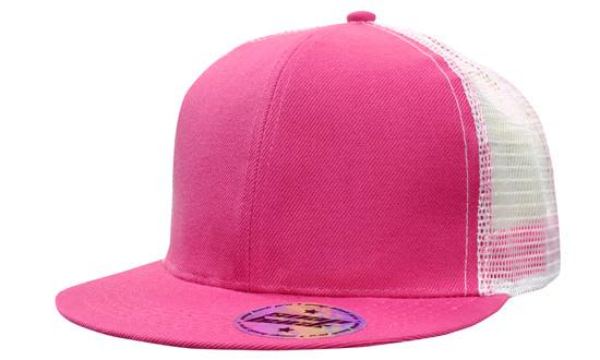 Premium American Twill with Mesh Back & Snap Back Pro Styling HE-4138 A bright pink cap with a mesh back and snapback closure, featuring a circular logo on the front.