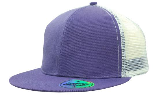 Premium American Twill with Mesh Back & Snap Back Pro Styling HE-4138 A purple cap with a mesh back and snapback closure, featuring a logo on the front.