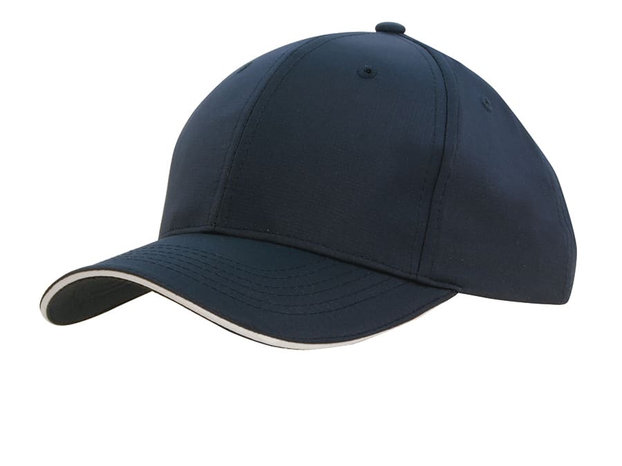 Sports Ripstop Cap with Sandwich Trim HE-4149 A navy blue cap with a sandwich trim and an adjustable back, featuring a logo.