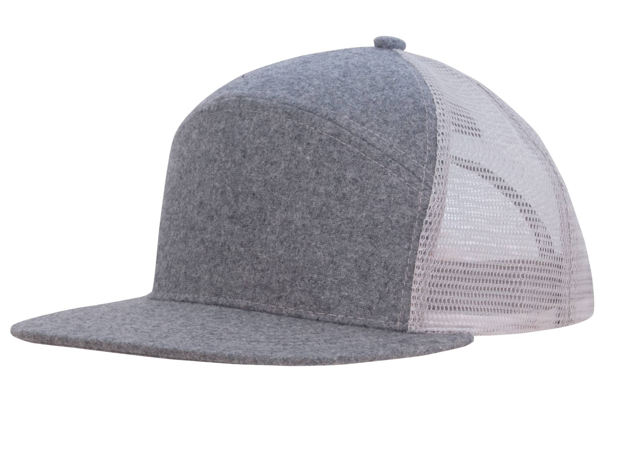 Premium American Twill A Frame Cap with Mesh Back HE-4155 A grey A-frame cap with a mesh back and a rounded peak, featuring a logo on the front.