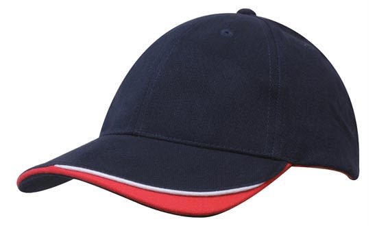 Brushed Heavy Cotton with Indented Peak HE-4167 A navy cap with a red peak and white detailing, featuring a logo on the front.