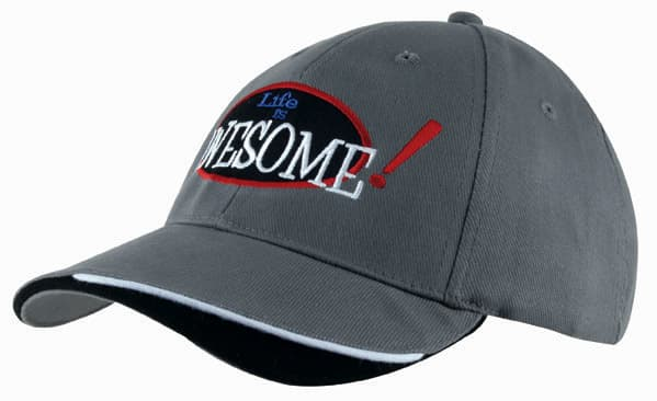Brushed Heavy Cotton with Indented Peak HE-4167 A grey cap with a logo and contrasting trim along the peak. Features an indented peak design.