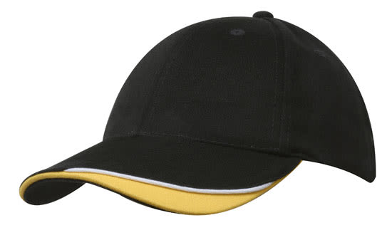 Brushed Heavy Cotton with Indented Peak HE-4167 A black cap with a yellow indented peak and contrasting trim, featuring a logo on the front.