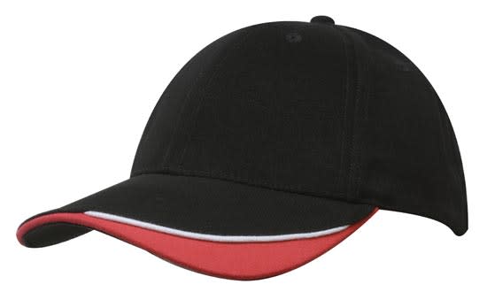 Brushed Heavy Cotton with Indented Peak HE-4167 A black cap with a red indented peak and white trim. It features a logo on the front.