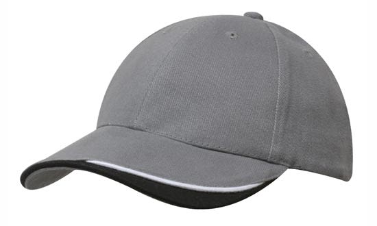Brushed Heavy Cotton with Indented Peak HE-4167 A grey cap with an indented peak and a contrasting black trim. It features a logo on the front.