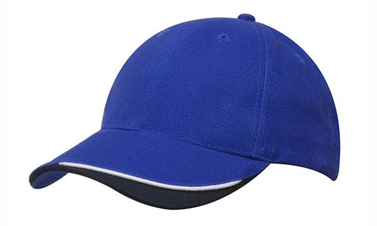 Brushed Heavy Cotton with Indented Peak HE-4167 A blue cap with an indented peak, featuring a logo and contrasting dark underbrim.