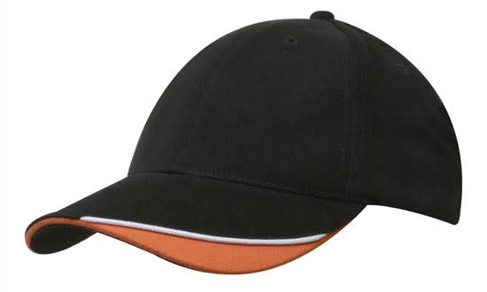 Brushed Heavy Cotton with Indented Peak HE-4167 A black cap with an indented peak and orange accents, featuring a logo on the front.