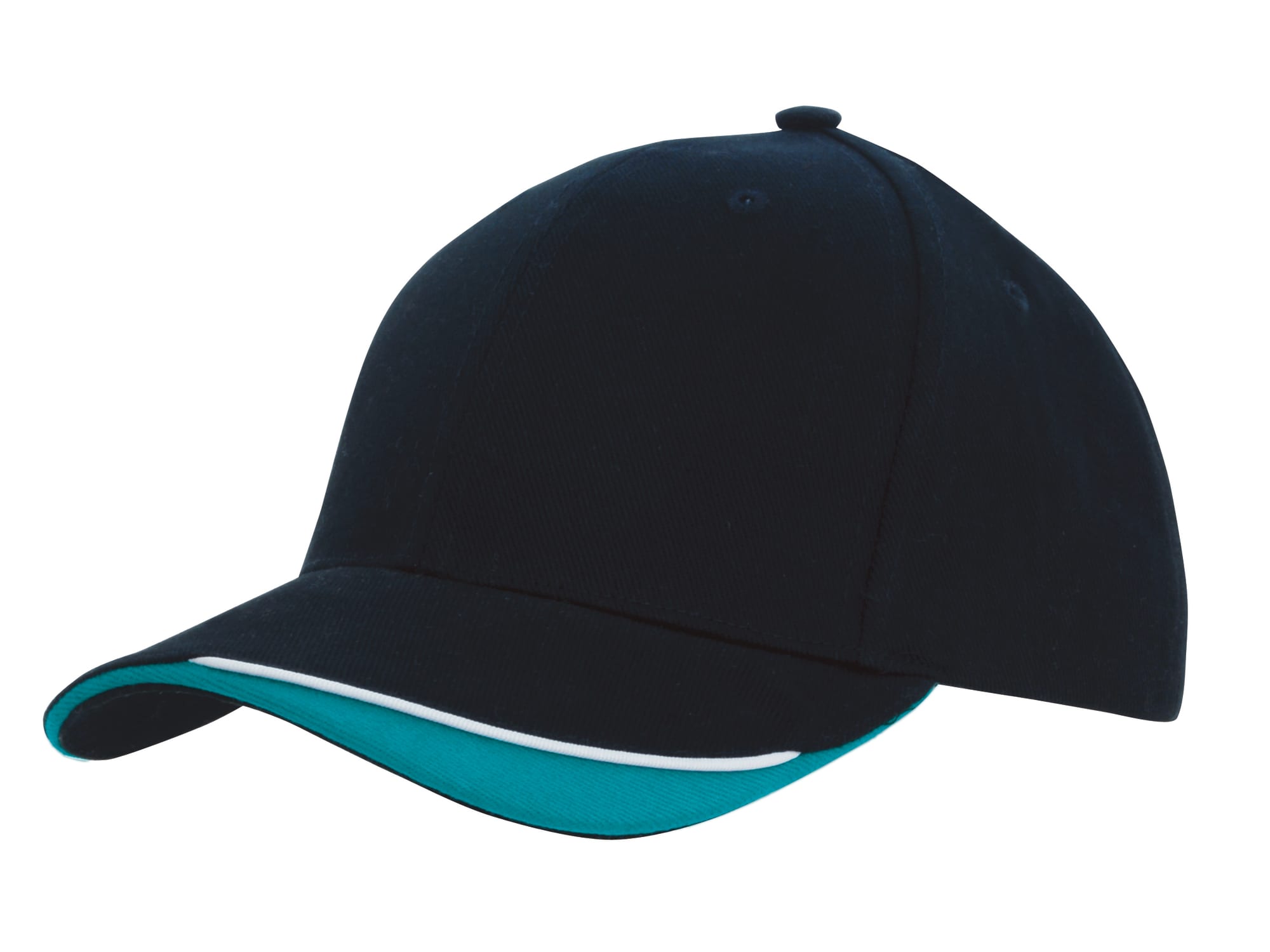 Brushed Heavy Cotton with Indented Peak HE-4167 A black cap with an indented peak and a teal accent on the brim, featuring a logo.