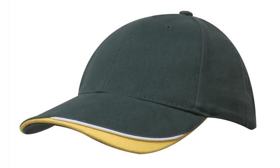 Brushed Heavy Cotton with Indented Peak HE-4167 A green cap with a yellow and white trim, featuring a logo on the front.