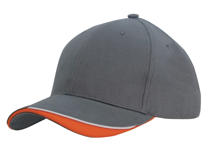 Brushed Heavy Cotton with Indented Peak HE-4167 A grey cap with an indented peak and an orange accent along the brim, featuring a logo.