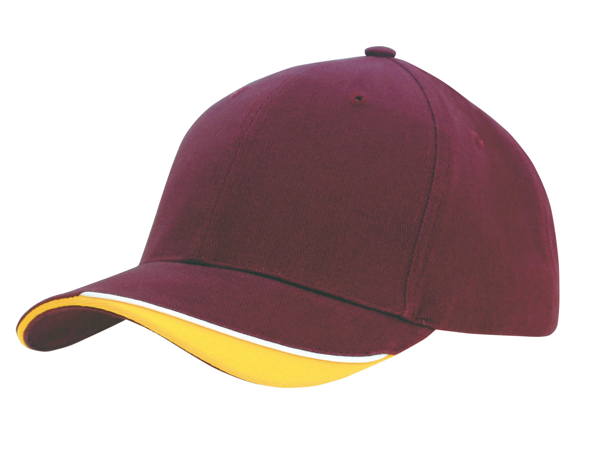 Brushed Heavy Cotton with Indented Peak HE-4167 A maroon cap with an indented peak and a yellow accent on the brim, featuring a logo.