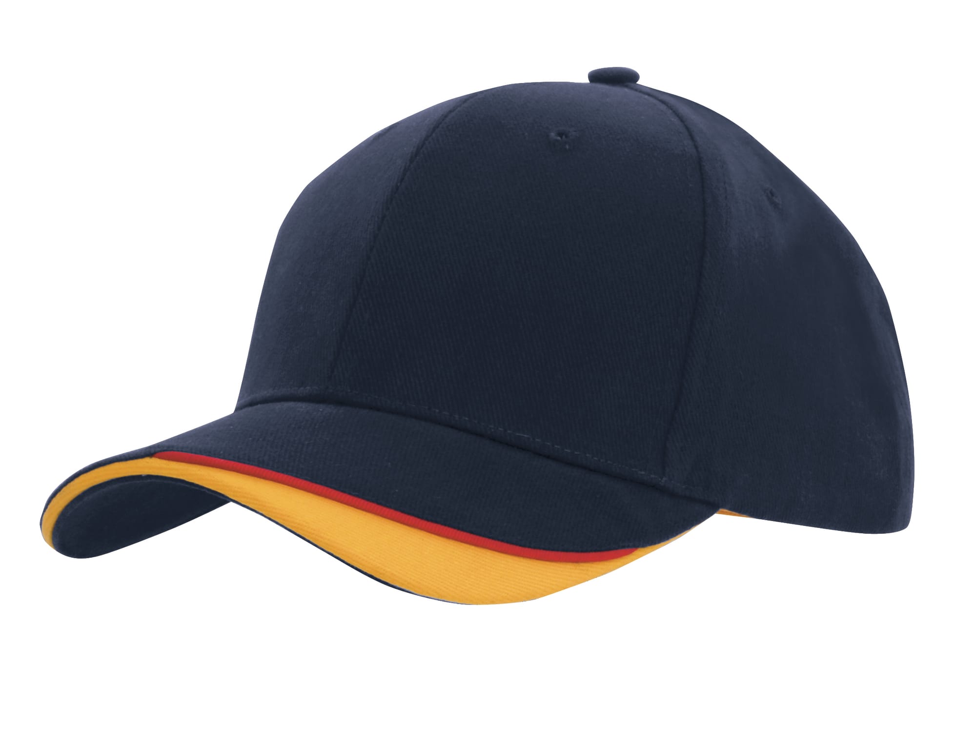 Brushed Heavy Cotton with Indented Peak HE-4167 A navy cap with an indented peak featuring a yellow and red underside. It includes a logo on the front.