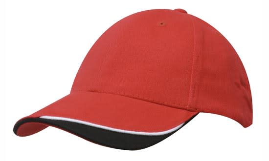Brushed Heavy Cotton with Indented Peak HE-4167 A red cap with an indented peak, featuring a contrasting black brim and a logo on the front.