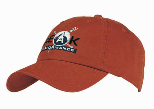 Washed Chino Twill HE-4168 A washed chino twill cap in rust orange with an embroidered logo on the front.