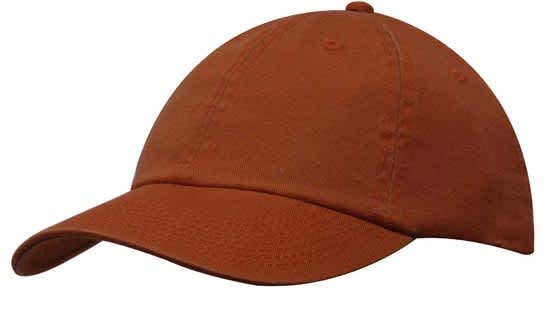 Washed Chino Twill HE-4168 An orange cap with a curved brim and a button on top, featuring a logo on the front.