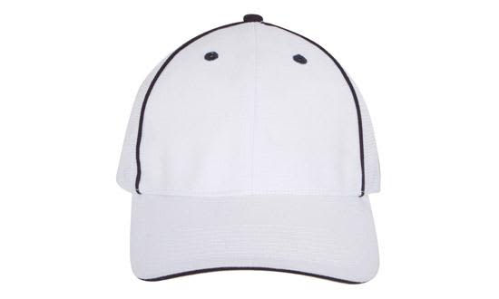 Brushed Chino Twill with High Tech Mesh HE-4172 A white cap with black accents and a mesh back, featuring two ventilation holes. It has a logo on the front.