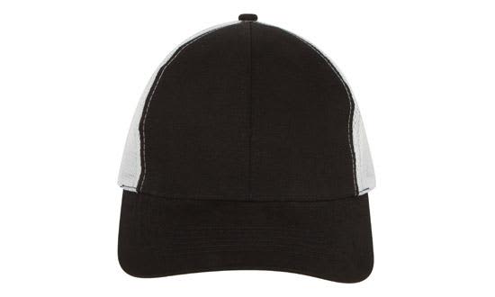 Brushed Cotton with Mesh Back HE-4181 A black trucker cap with a grey mesh back and a curved peak, featuring a logo on the front.