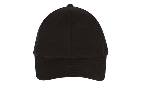 Brushed Cotton with Mesh Back HE-4181 A black trucker cap featuring a brushed cotton front and mesh back, with an unembellished design.