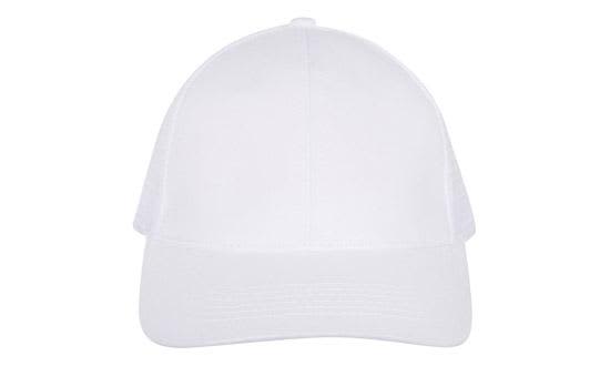 Brushed Cotton with Mesh Back HE-4181 A white trucker cap with a mesh back and a logo on the front.
