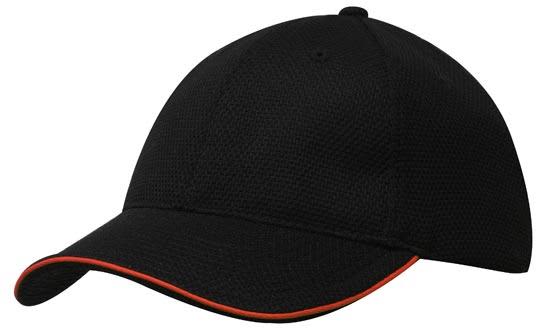 Double Pique Mesh with Open Sandwich HE-4185 A black cap with an open sandwich peak and contrasting orange trim. It features a logo on the front.