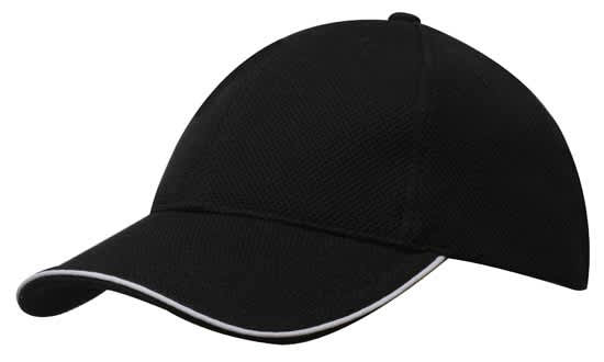 Double Pique Mesh with Open Sandwich HE-4185 A black cap featuring double pique mesh and a contrasting trim, complete with a logo.