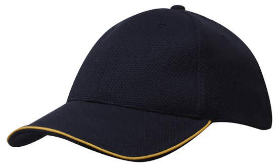 Double Pique Mesh with Open Sandwich HE-4185 A navy cap made from double pique mesh, featuring a contrasting yellow trim and a logo on the side.