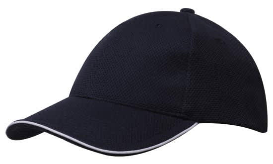 Double Pique Mesh with Open Sandwich HE-4185 A navy cap with a textured double pique mesh design and an open sandwich peak. It features a logo on the front.