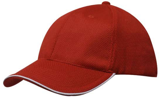 Double Pique Mesh with Open Sandwich HE-4185 A red cap with a textured mesh design and contrasting trim. It features a logo on the front.