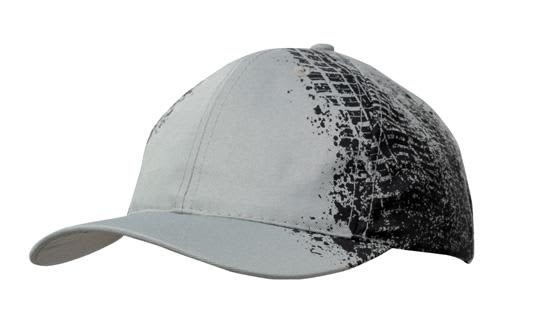 Breathable Poly Twill with Tire print HE-4186 A grey cap featuring a tire print design. It has a curved brim and a branded logo.