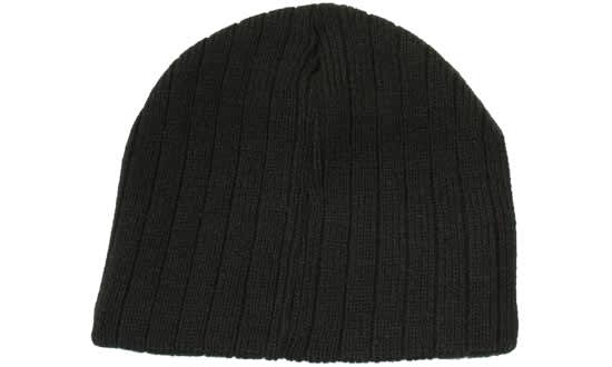 Cable Knit Beanie - Toque HE-4189 A black cable knit beanie with ribbed texture and a simple design. It features a logo on the side.