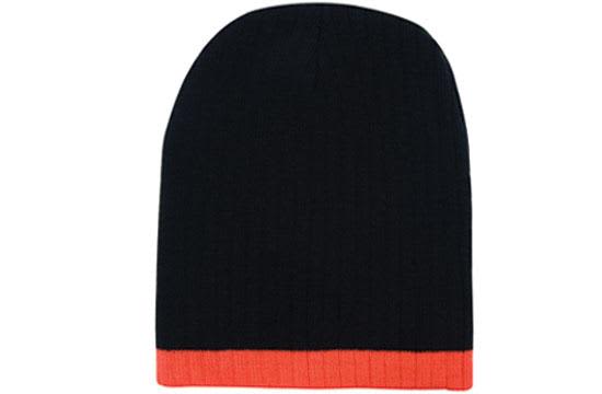 Two Tone Cable Knit Beanie - Toque HE-4195 A two-tone cable knit beanie in black with an orange brim, featuring a logo.
