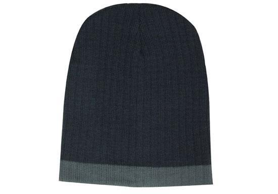 Two Tone Cable Knit Beanie - Toque HE-4195 A two-tone cable knit beanie in dark grey with a lighter grey band at the bottom. It features a logo.