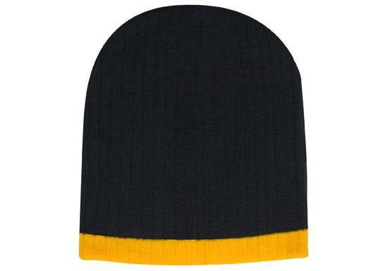 Two Tone Cable Knit Beanie - Toque HE-4195 A black beanie with a yellow cuff, featuring a knitted texture and a logo on the side.