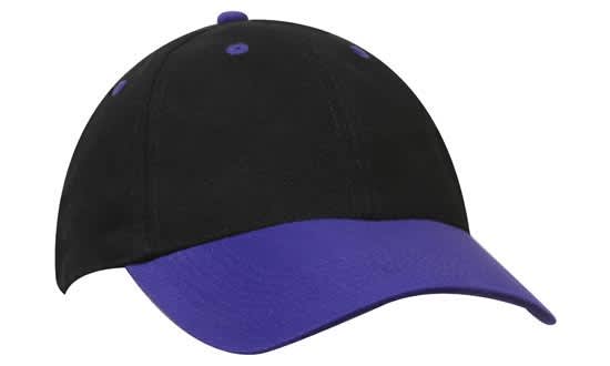 Brushed Heavy Cotton HE-4199 A black cap with a purple peak and purple details, featuring a logo on the front.