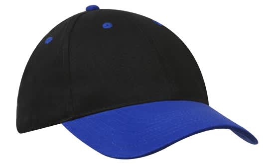 Brushed Heavy Cotton HE-4199 A black and blue cap featuring a curved brim and six ventilation holes. It has a logo on the front.