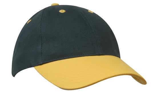 Brushed Heavy Cotton HE-4199 A cap featuring a dark green body and a yellow peak, with yellow accents and a logo.