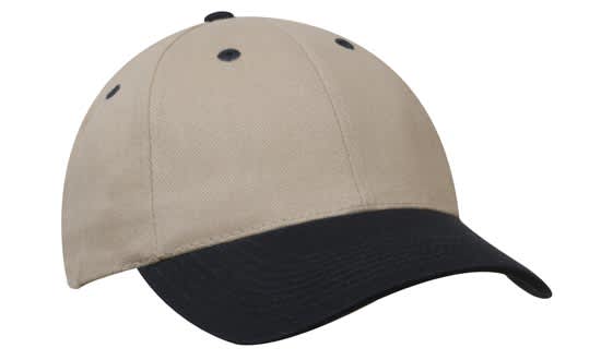 Brushed Heavy Cotton HE-4199 A cap featuring a light beige body and a navy blue peak, with a logo on the front.