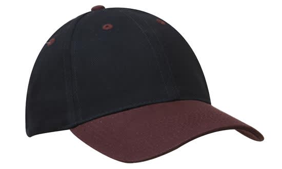 Brushed Heavy Cotton HE-4199 A cap in black with a burgundy peak, featuring a subtle logo on the front.