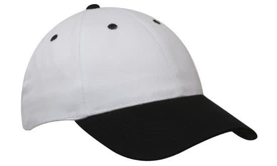 Brushed Heavy Cotton HE-4199 A cap featuring a white crown and a black peak, with black ventilation holes and a branding logo.
