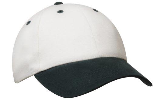 Brushed Heavy Cotton HE-4199 A cap featuring a cream top and a dark green peak, with ventilation holes and a logo on the front.
