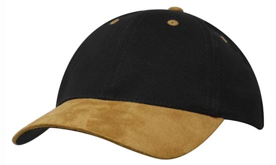 Brushed Heavy Cotton with Suede Peak HE-4200 A black cap with a suede peak in a tan colour, featuring a logo on the front.