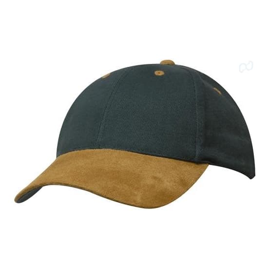 Brushed Heavy Cotton with Suede Peak HE-4200 A cap featuring a dark green cotton body and a tan suede peak, with a logo on the front.
