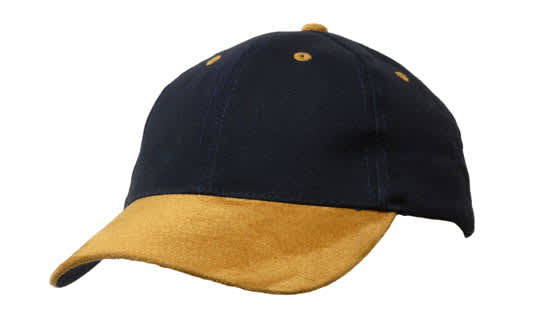 Brushed Heavy Cotton with Suede Peak HE-4200 A navy cap with a suede peak in a golden colour, featuring a logo. Suitable for casual wear.
