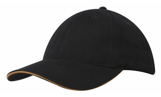 Brushed Heavy Cotton with Sandwich Trim HE-4210 A black cap with a sandwich trim in a contrasting colour and a logo on the front.