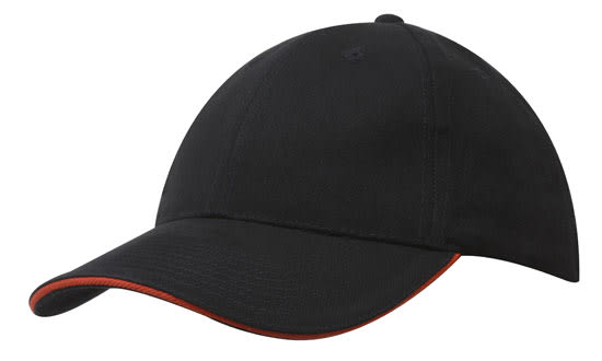 Brushed Heavy Cotton with Sandwich Trim HE-4210 A black cap with a sandwich trim in orange, featuring a logo on the front.