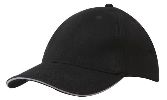 Brushed Heavy Cotton with Sandwich Trim HE-4210 A black cap featuring a sandwich trim and a logo. It has a curved brim and is made of brushed heavy cotton.