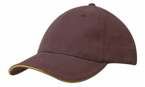 Brushed Heavy Cotton with Sandwich Trim HE-4210 A brown cap with a sandwich trim in yellow, featuring a curved brim and a logo.