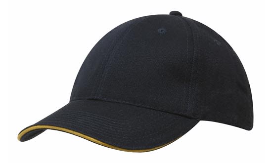 Brushed Heavy Cotton with Sandwich Trim HE-4210 A black cap featuring a sandwich trim in yellow, with a logo present. Designed from brushed heavy cotton.