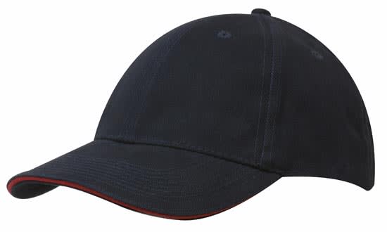 Brushed Heavy Cotton with Sandwich Trim HE-4210 A navy cap featuring a contrasting red sandwich trim and an adjustable strap at the back. It has a logo on the front.